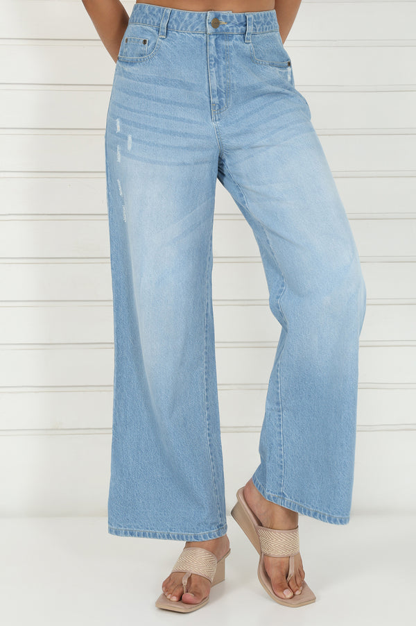 Blue Denim Mid Rise Ankle Length Flared Pants with YKK Zipper
