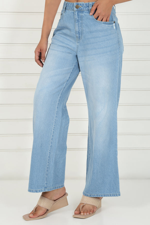 Blue Denim Mid Rise Ankle Length Flared Pants with YKK Zipper