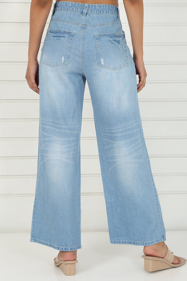 Blue Denim Mid Rise Ankle Length Flared Pants with YKK Zipper