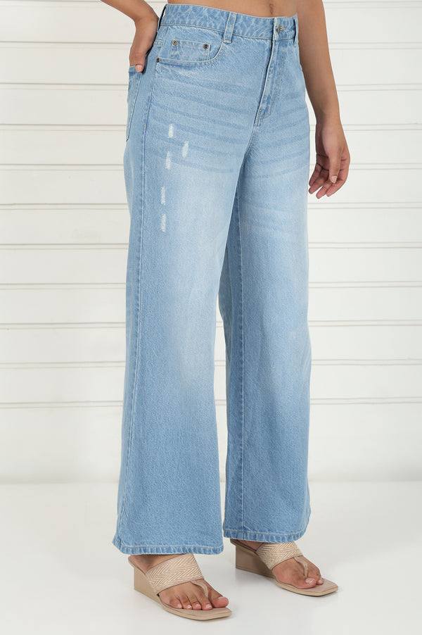 Blue Denim Mid Rise Ankle Length Flared Pants with YKK Zipper