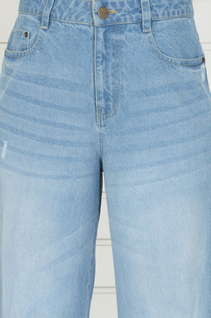 Blue Denim Mid Rise Ankle Length Flared Pants