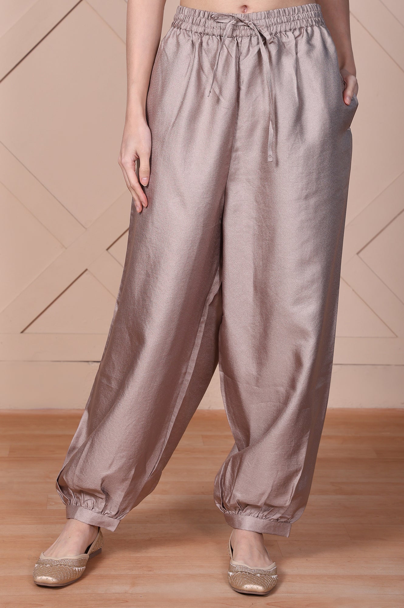 Beige Solid Lustrous Harem Pant