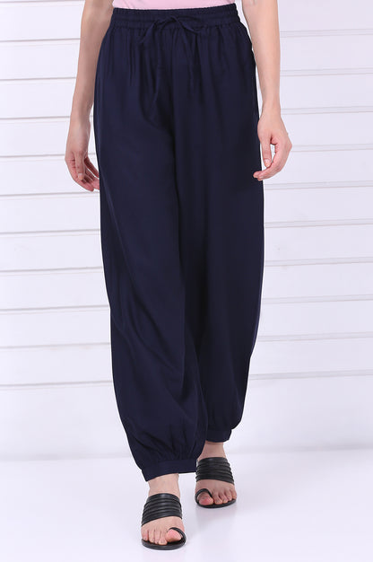Navy Blue Solid Loose Fit Cropped Dhoti Pants