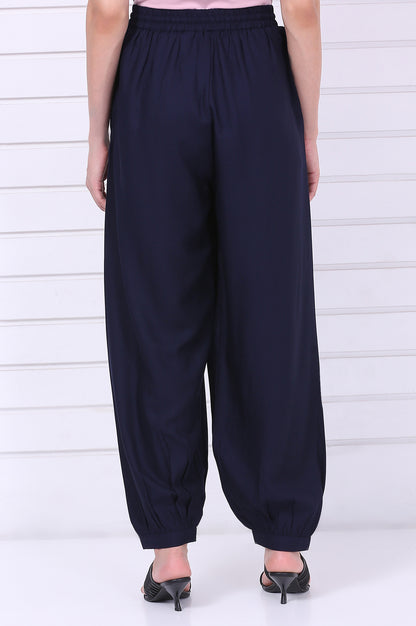 Navy Blue Solid Loose Fit Cropped Dhoti Pants