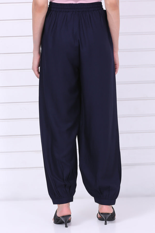 Navy Blue Solid Loose Fit Cropped Dhoti Pants