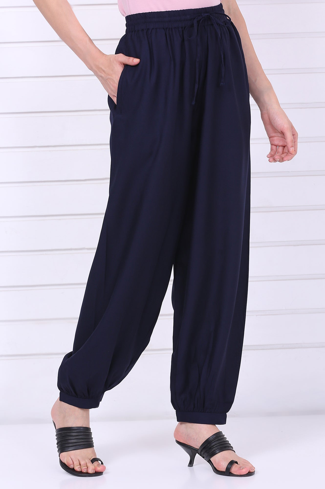Navy Blue Solid Loose Fit Cropped Dhoti Pants