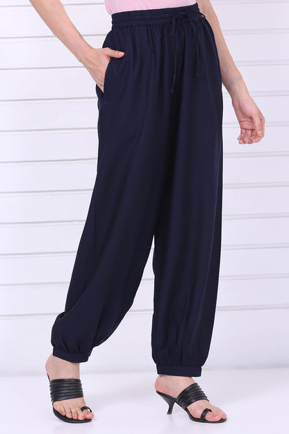 Navy Blue Solid Loose Fit Cropped Dhoti Pants
