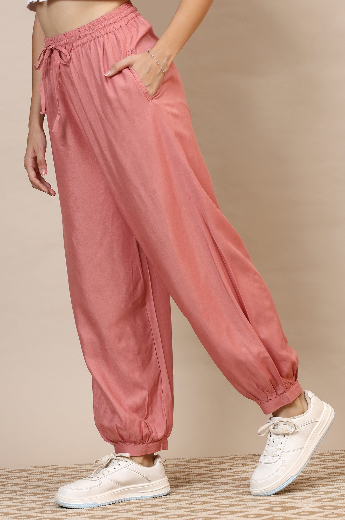 Pink Solid Rayon Harem Pants
