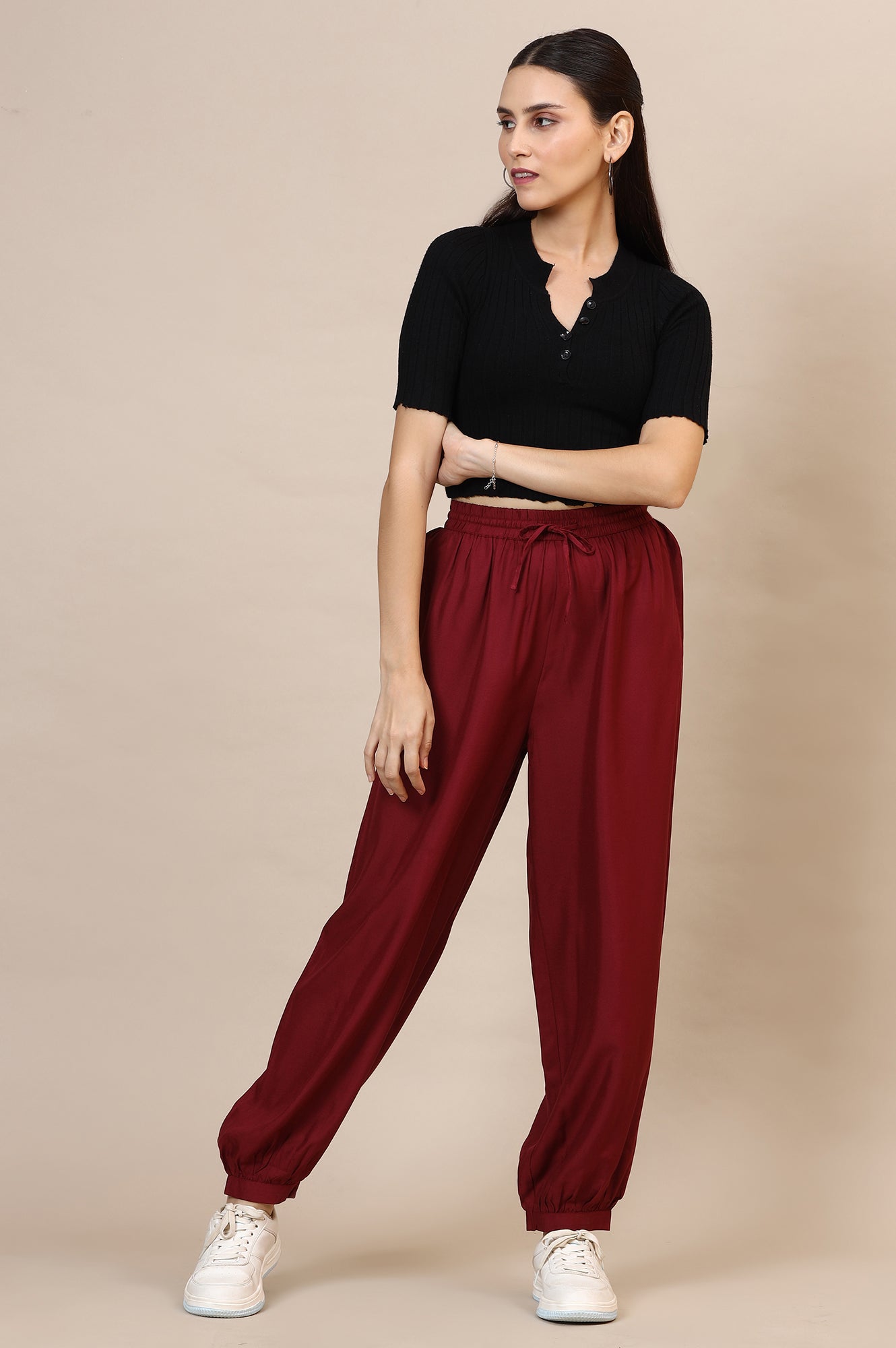 Red Solid Rayon Harem Pants