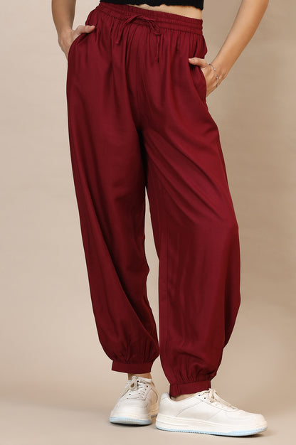 Red Solid Rayon Harem Pants