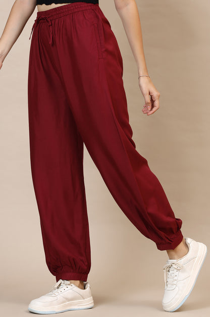 Red Solid Rayon Harem Pants