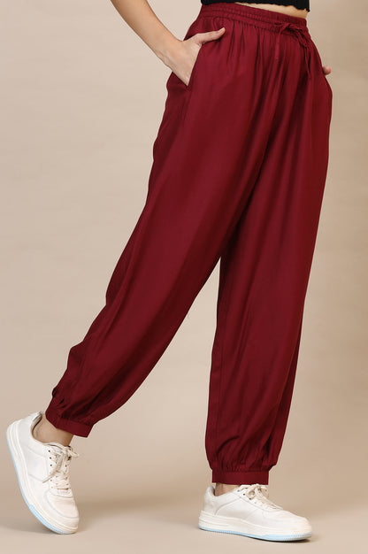 Red Solid Rayon Harem Pants