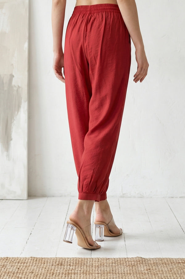 Red Solid Rayon Blend Ankle Length Harem Pants