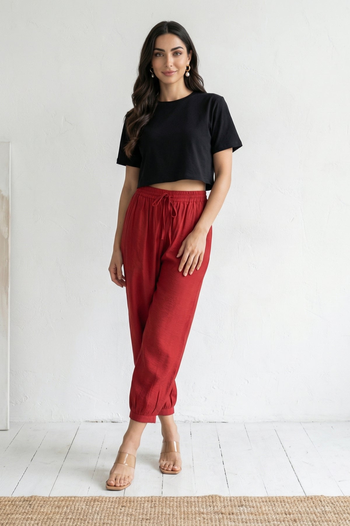 Red Solid Rayon Blend Ankle Length Harem Pants