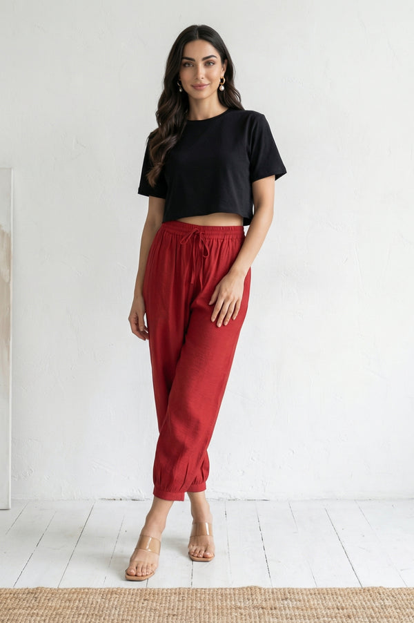 Red Solid Rayon Blend Ankle Length Harem Pants