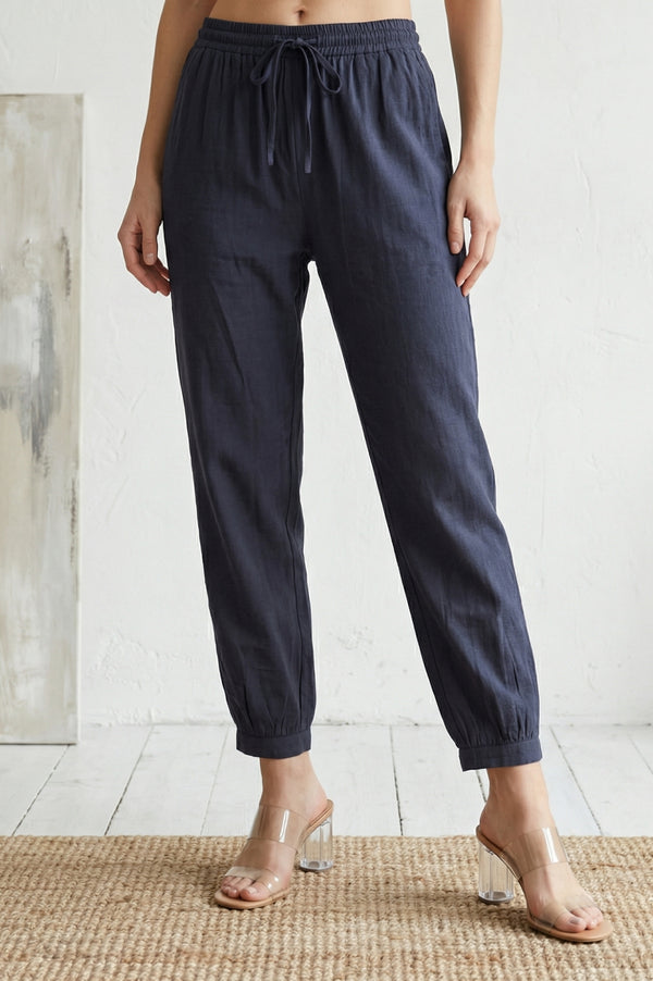 Navy Blue Solid Rayon Blend Ankle Length Harem Pants