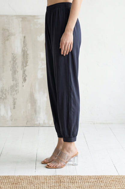 Navy Blue Solid Rayon Blend Ankle Length Harem Pants