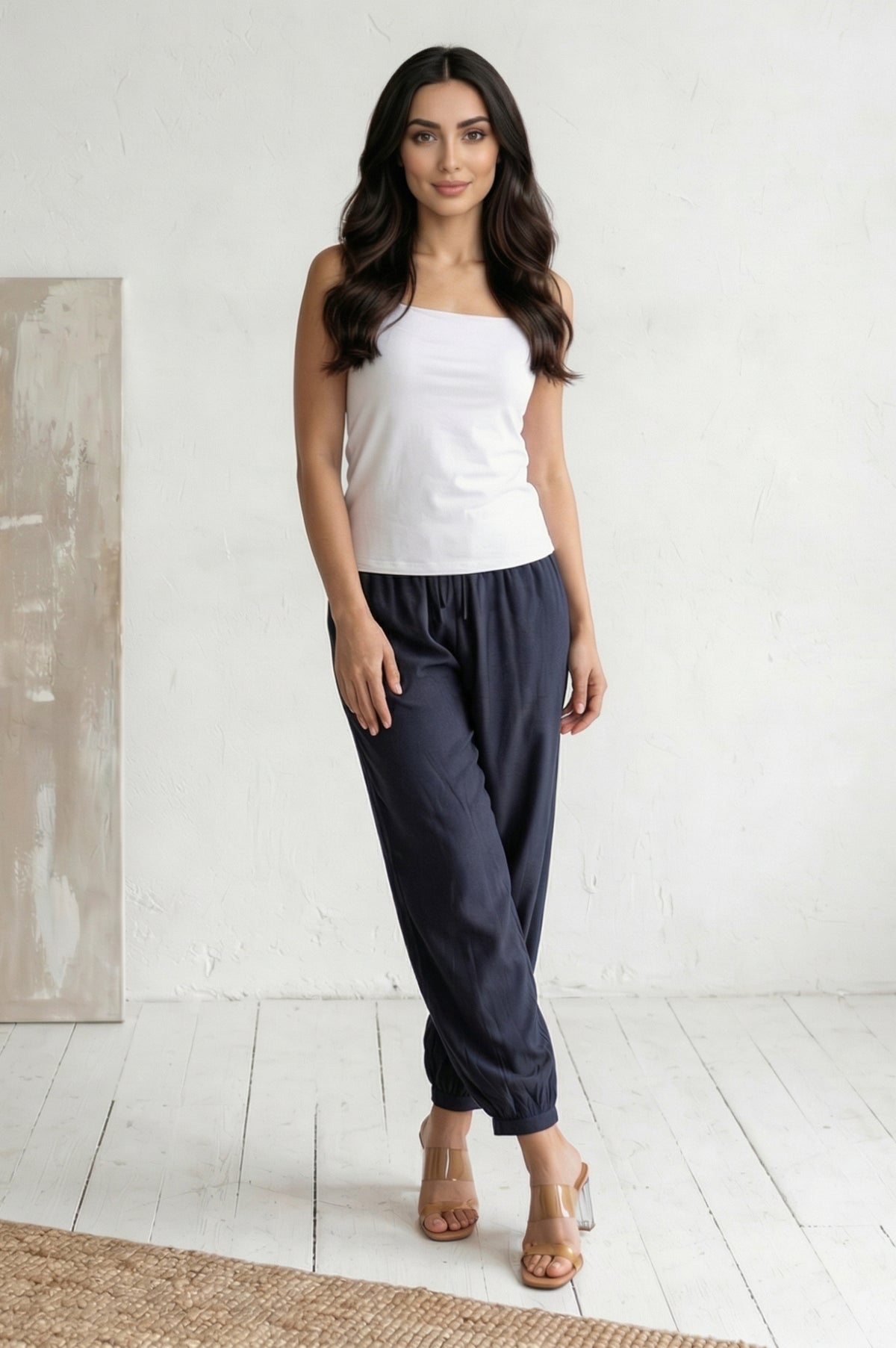Navy Blue Solid Rayon Blend Ankle Length Harem Pants