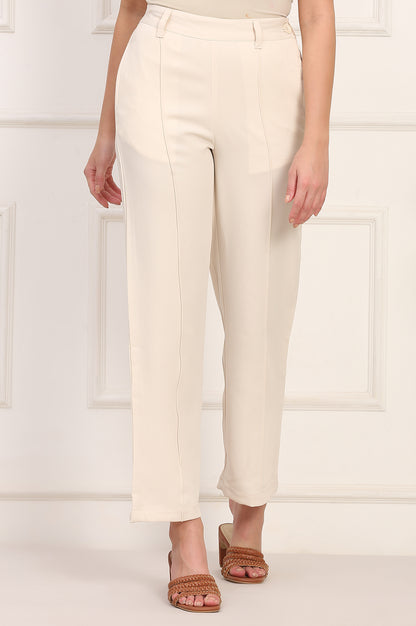 Beige Solid Straight Woven Pant Pant with YKK Zipper