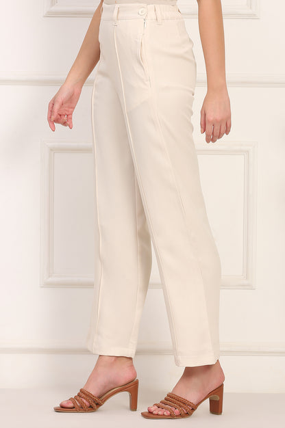 Beige Solid Straight Woven Pant Pant with YKK Zipper