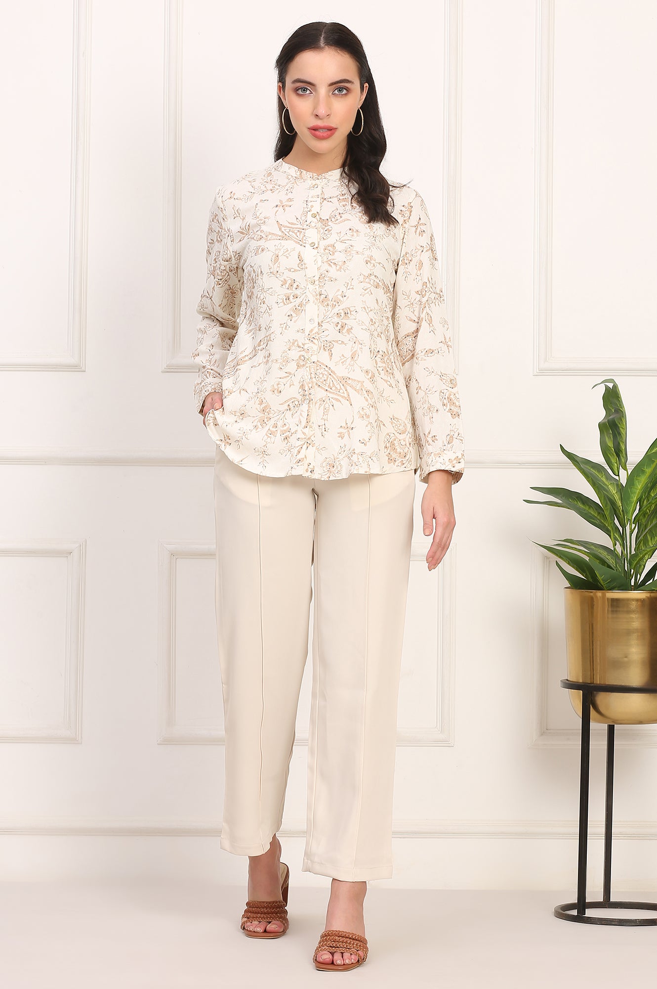 Beige Solid Straight Woven Pant Pant with YKK Zipper
