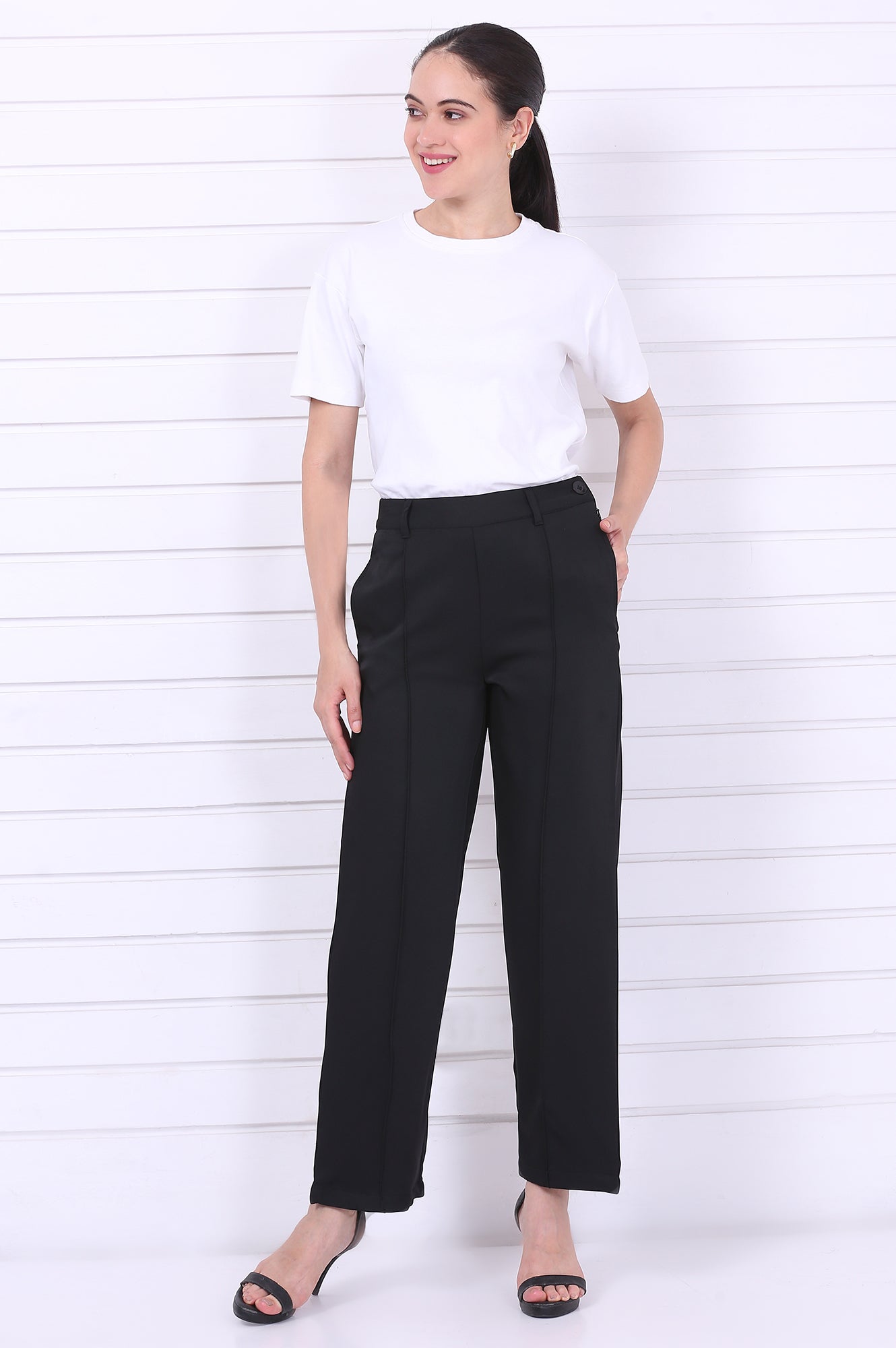 Black Solid Straight Parallel Pants with YKK Zipper