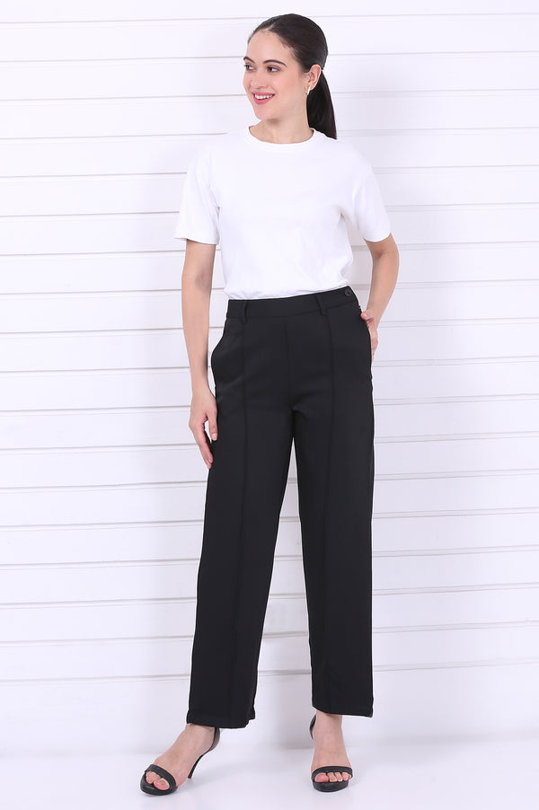 Black Solid Straight Parallel Pants with YKK Zipper