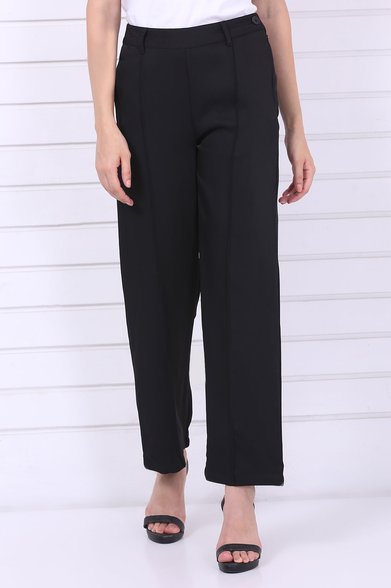 Black Solid Straight Parallel Pants with YKK Zipper