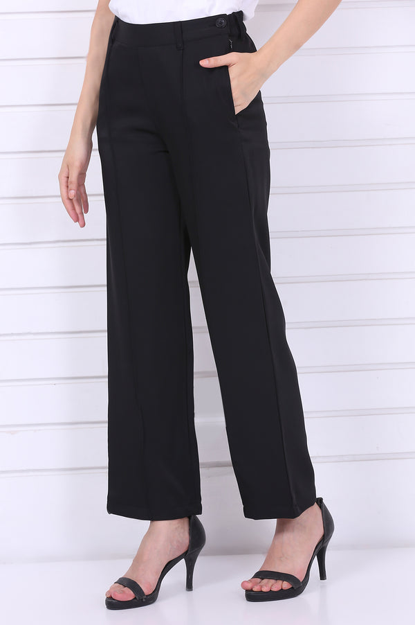 Black Solid Straight Parallel Pants with YKK Zipper