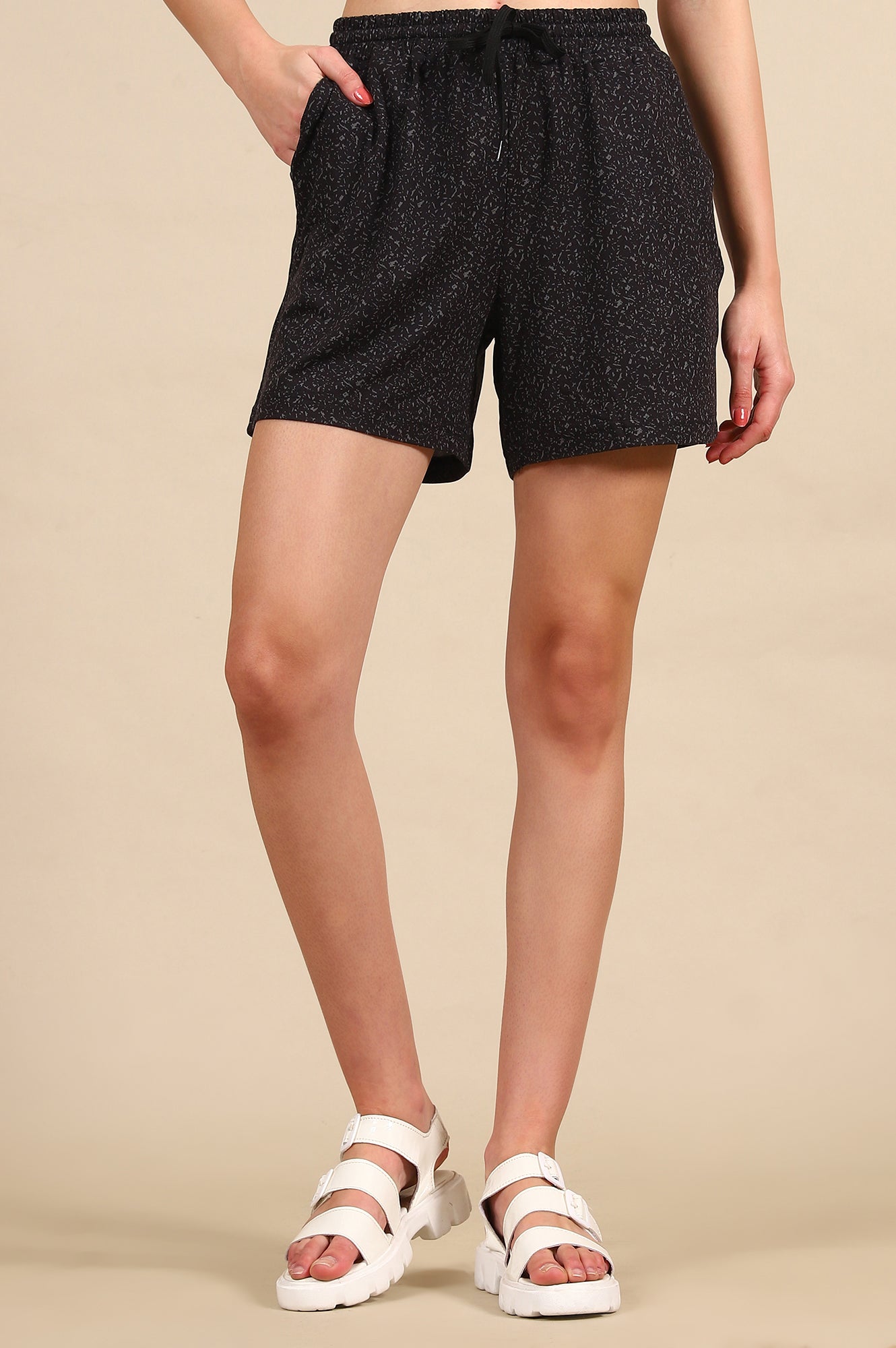 Black Abstract Printed Loose Fit Shorts With Drawstring