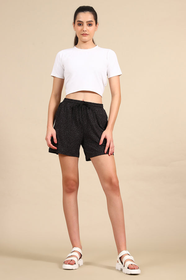 Black Abstract Printed Loose Fit Shorts With Drawstring