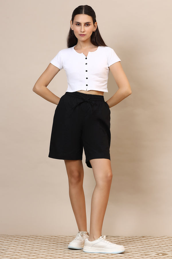 Black Solid Loose Fit Cotton Shorts With Drawstring