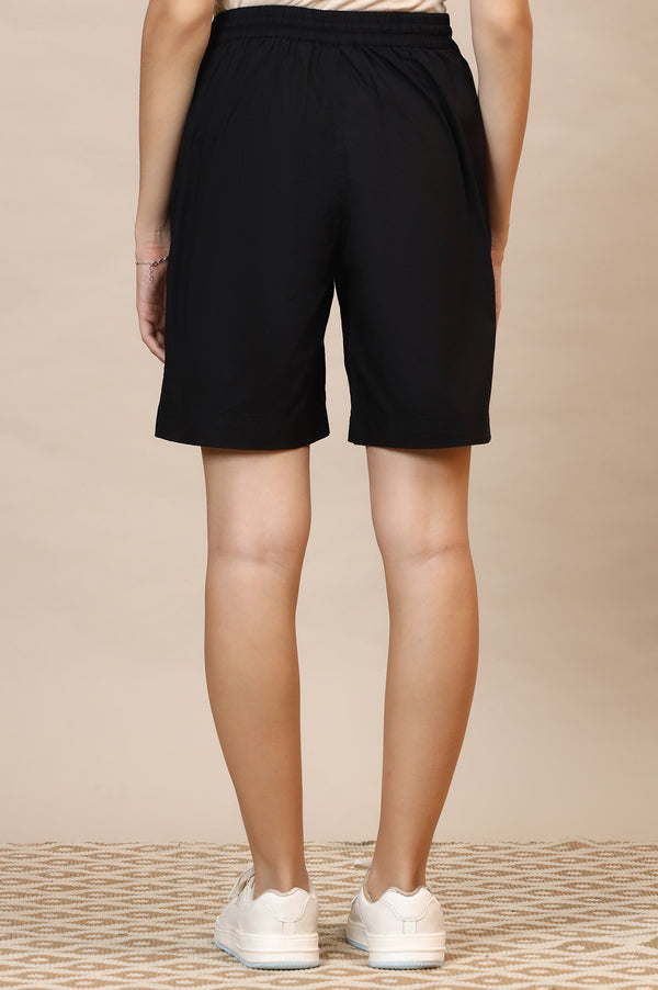 Black Solid Loose Fit Cotton Shorts With Drawstring