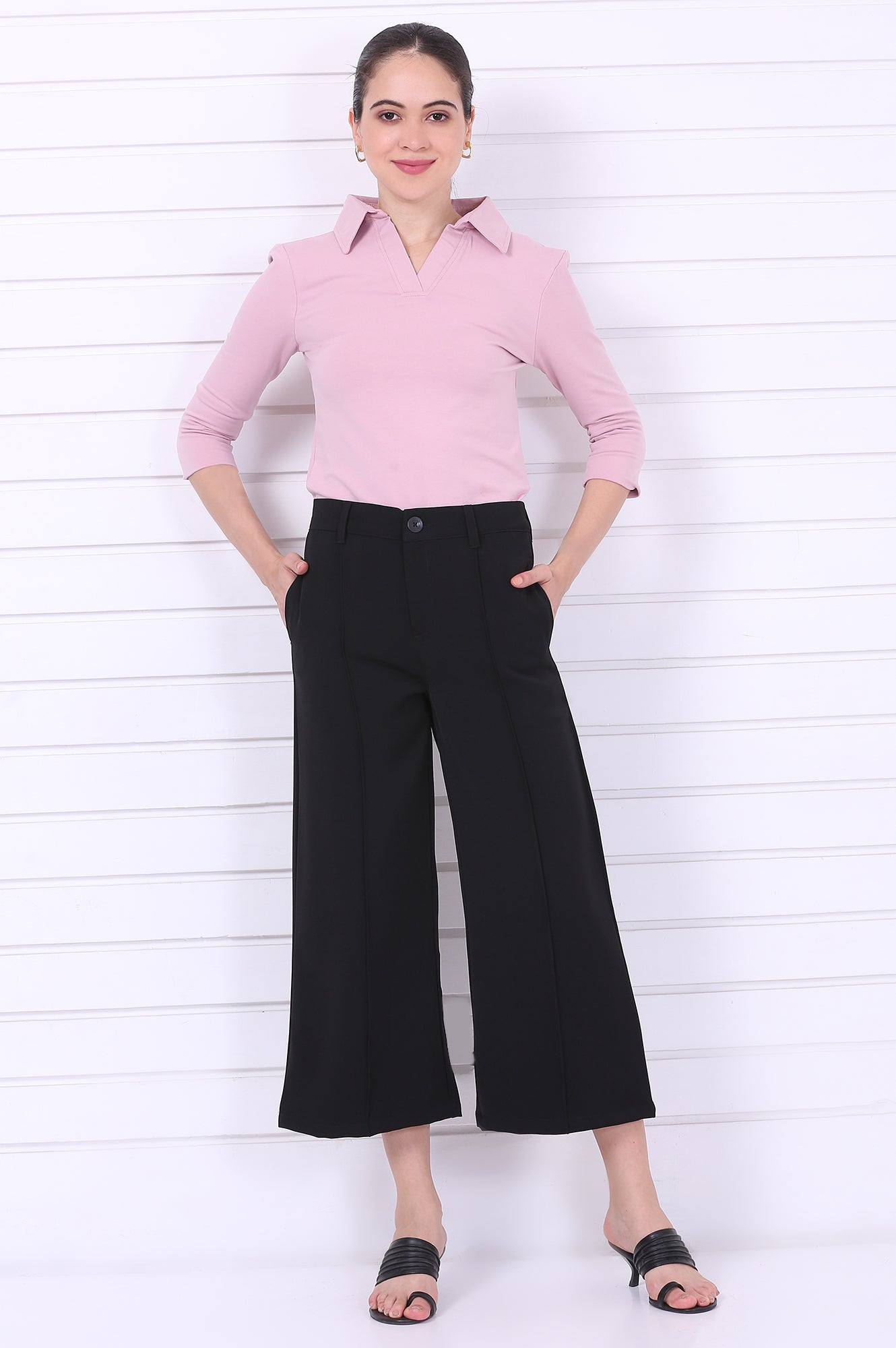 Black Solid Calf Length Culottes with YKK Zipper