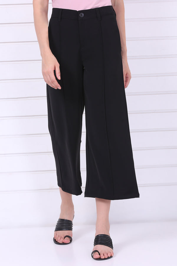 Black Solid Calf Length Culottes with YKK Zipper