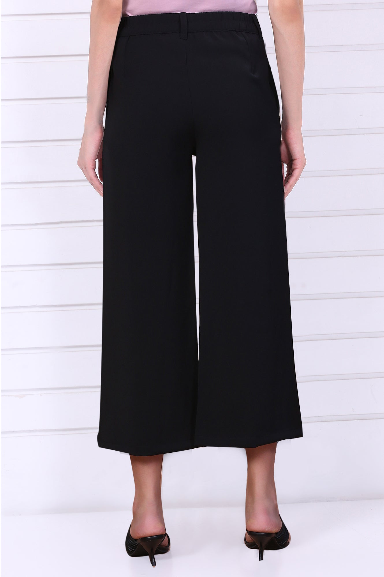Black Solid Calf Length Culottes with YKK Zipper