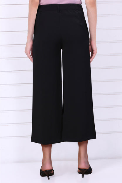 Black Solid Calf Length Culottes with YKK Zipper