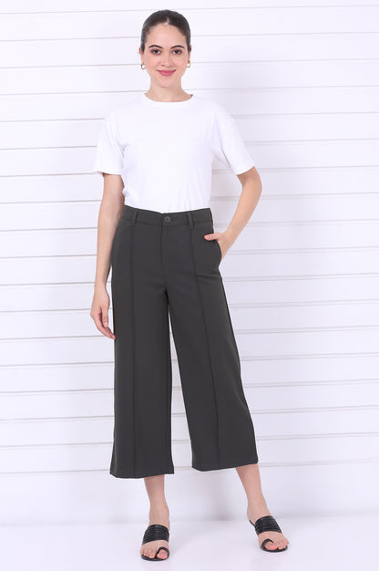 Green Solid Calf Length Culottes with YKK Zipper