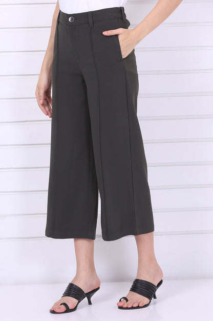 Green Solid Calf Length Culottes with YKK Zipper