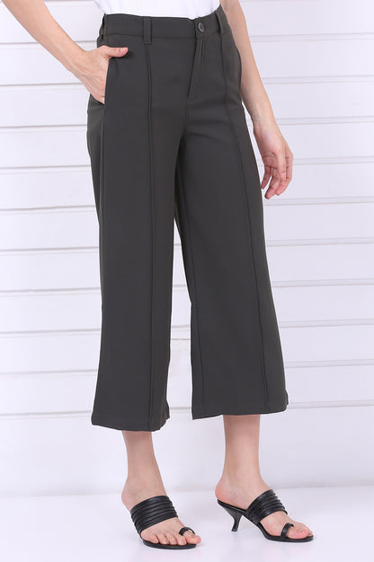 Green Solid Calf Length Culottes with YKK Zipper