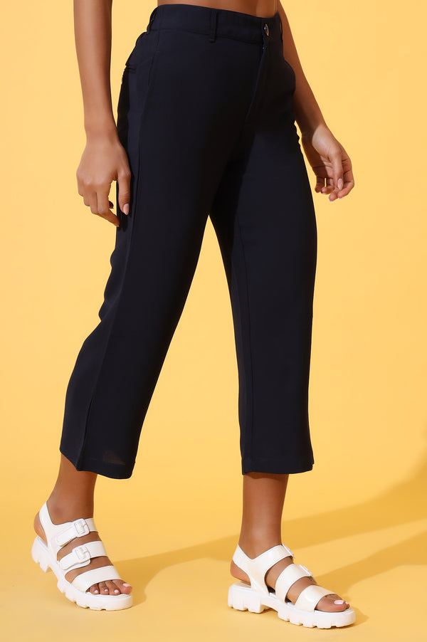 Navy Blue Solid Straight Western Culottes with YKK Zipper