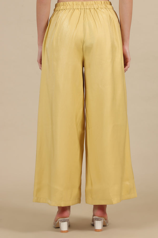 Yellow Solid Flared Rayon Palazzo With Pleats
