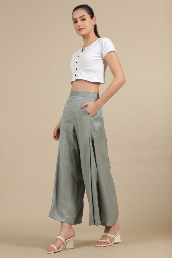 Grey Solid Flared Rayon Palazzo With Pleated Detail