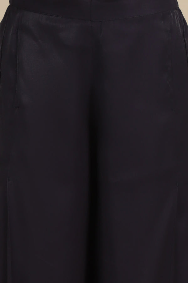 Blue Solid Flared Rayon Palazzo With Pleats