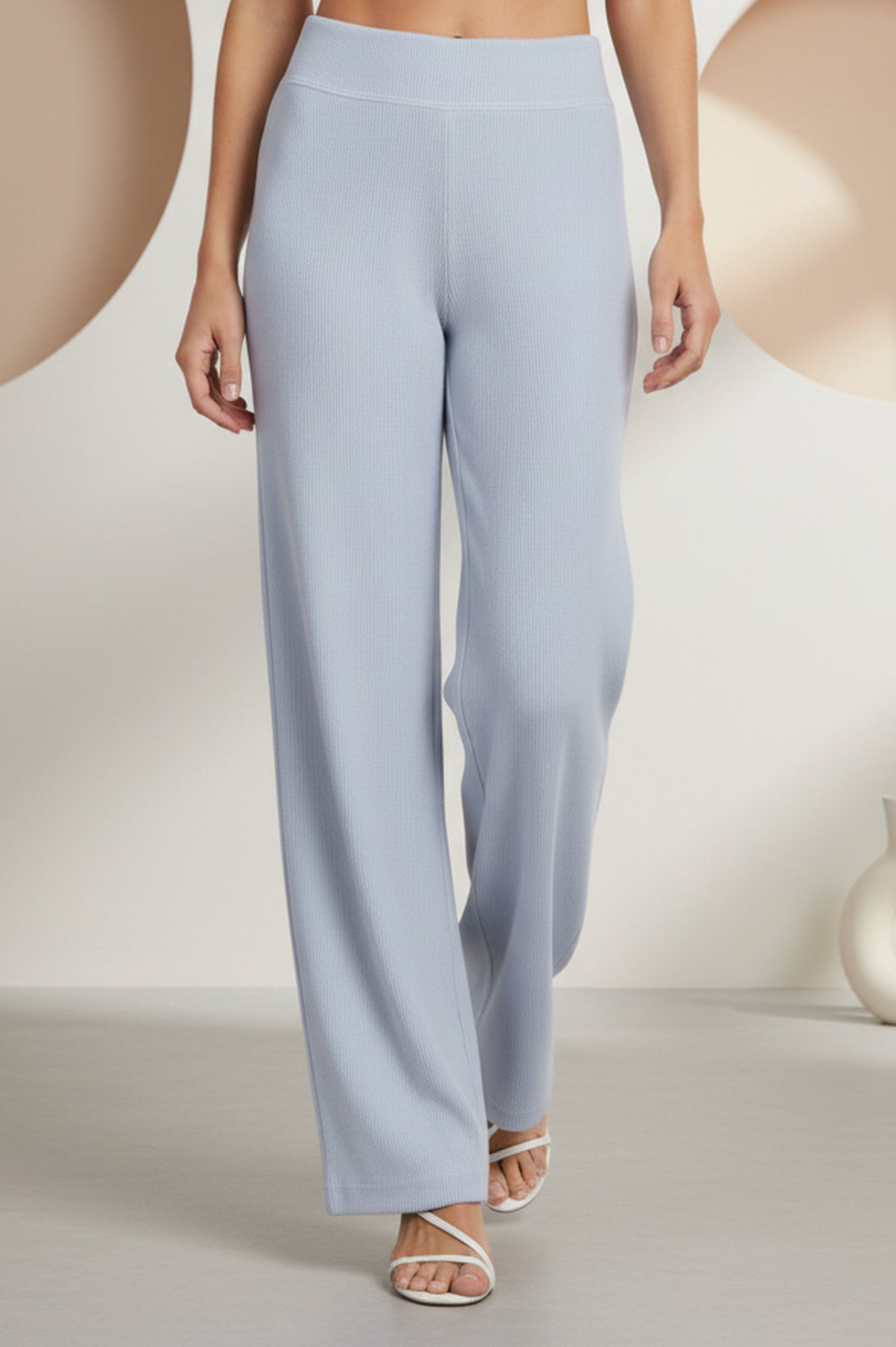Blue Solid Wide Leg High Rise Corduroy Palazzo