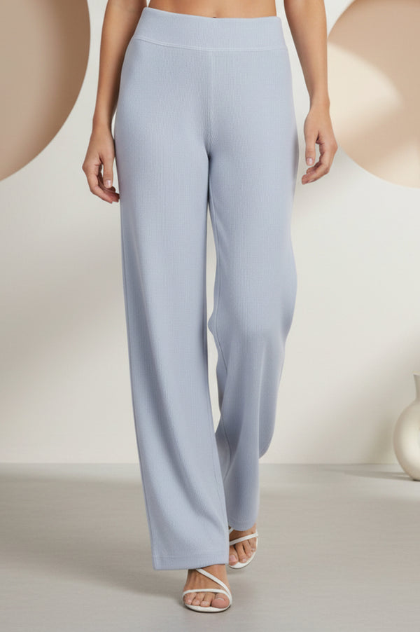 Blue Solid Wide Leg High Rise Corduroy Palazzo