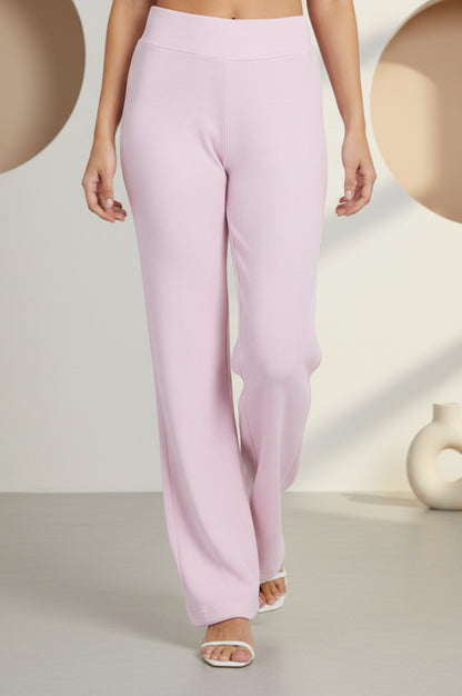 Pink Solid Corduroy Wide Leg High Rise Palazzo