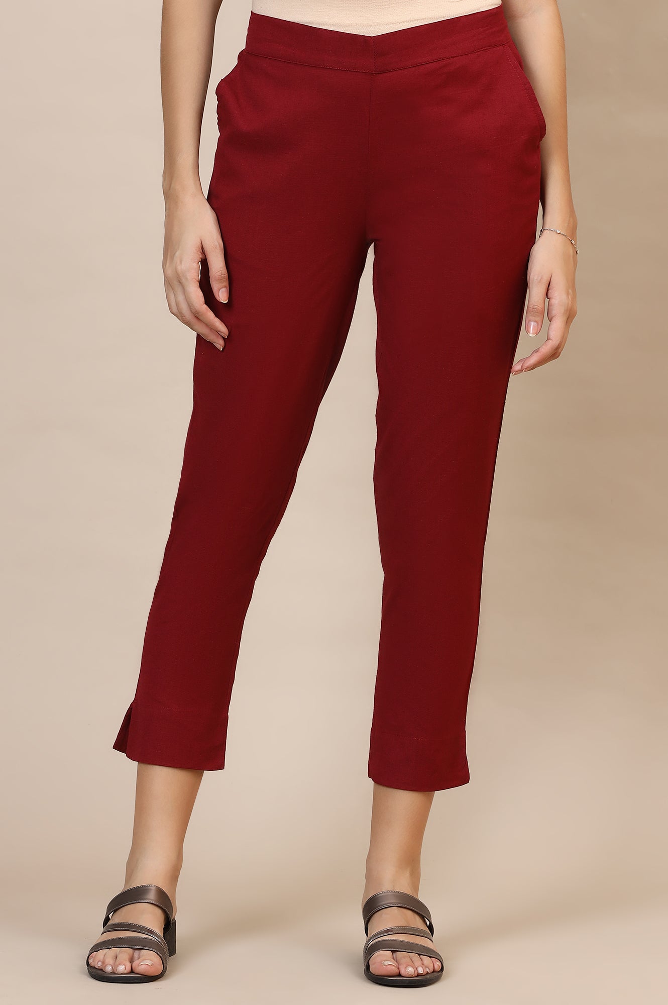 Maroon Solid Straight Cotton Flax Trousers