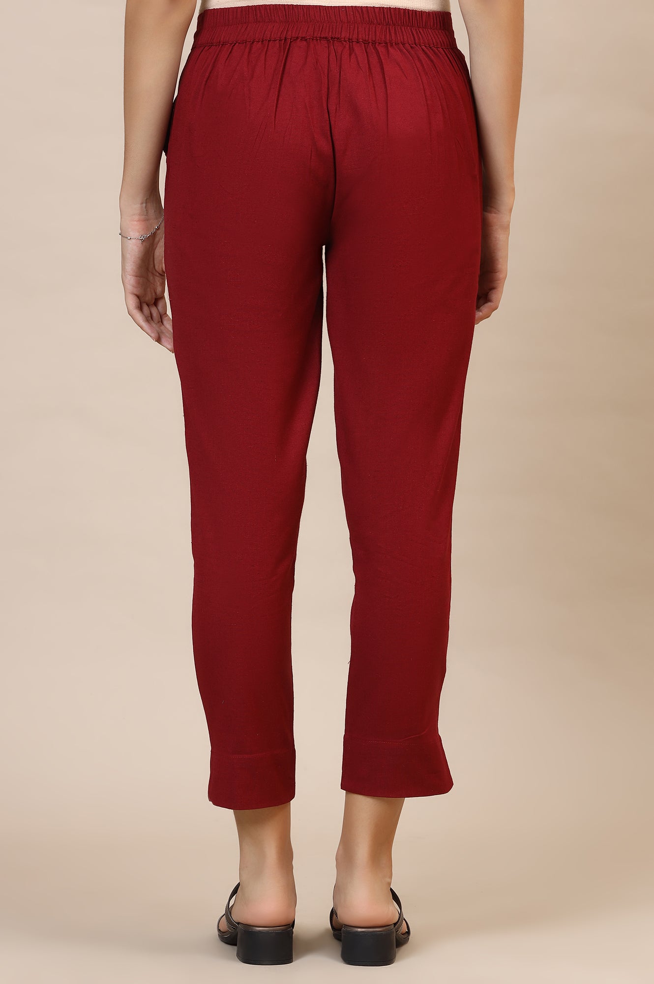 Maroon Solid Straight Cotton Flax Trousers