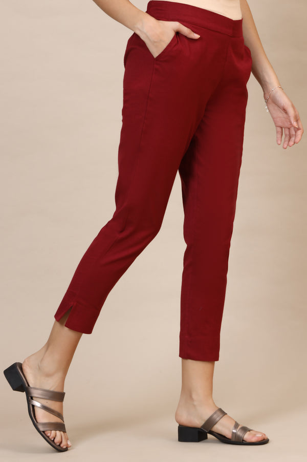 Maroon Solid Straight Fit Cotton Trousers With Elasticated Waist